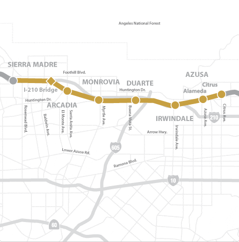 Mapa de la extensión Foothill de la Llínea Dorada del tren ligero.