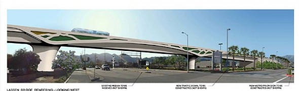 Dibujo arquitectónico del puente Lassen Street en la Línea Naranja dirigiéndose  hacia la estación Chatsworth Amtrak/Metrolink.