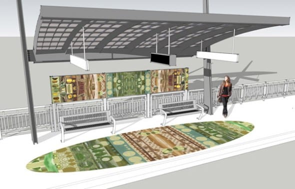 Representación digital de la estación Nordhoff, que tendrá un mosaico de 27 pies de largo incrustado en las plataformas de concreto, y un panel artísticos de porcelana esmaltada de 20 pies.