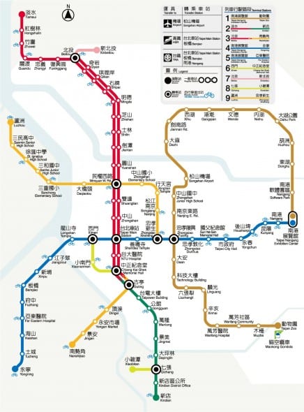 Mapa del sistema de trenes y estaciones del Metro de Taipei. 