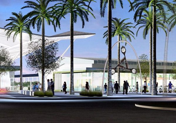 Dibujo arquitectónico de Donald Lipski Time Piece. La torre del reloj de 30 pies de altura será instalada en la entrada de la plaza de El Monte Transit Center. El dibujo artístico es de RNL Architects.
