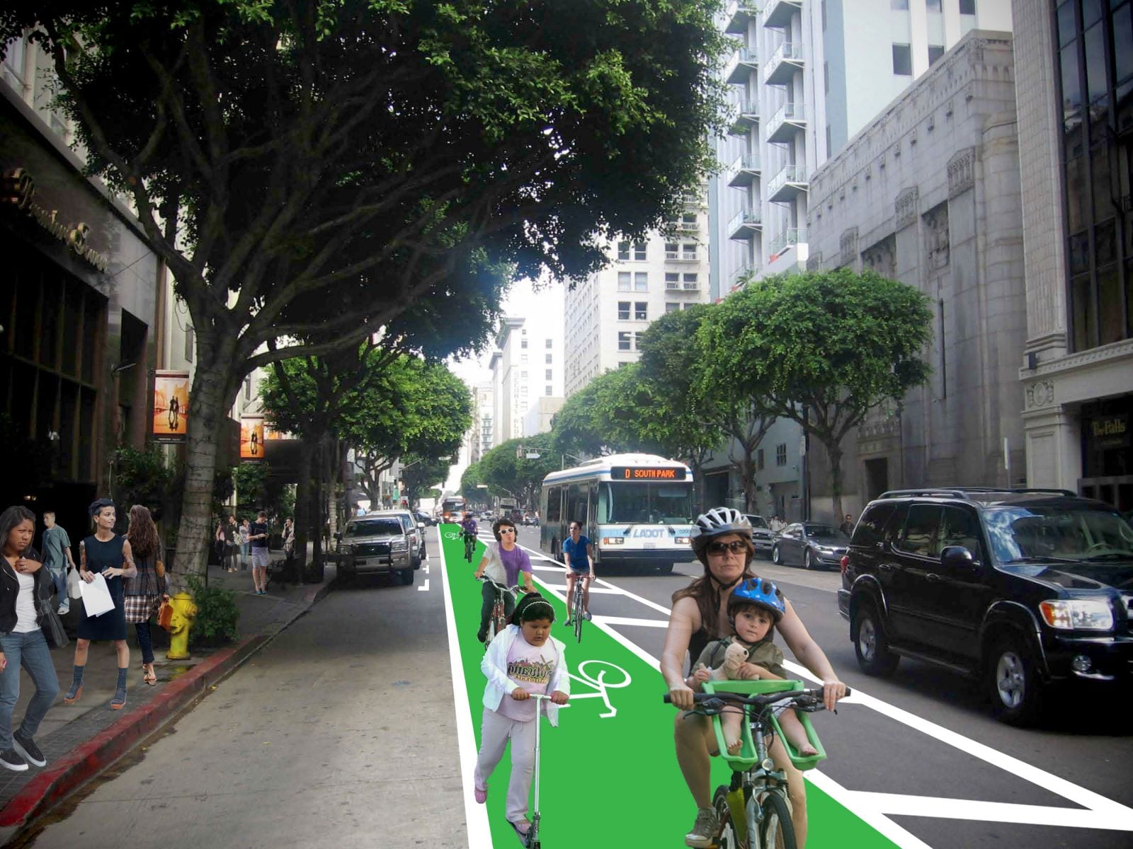 Carril para bicicletas en la calle Spring del centro de Los Angeles. (Foto cortesía de LACBC).
