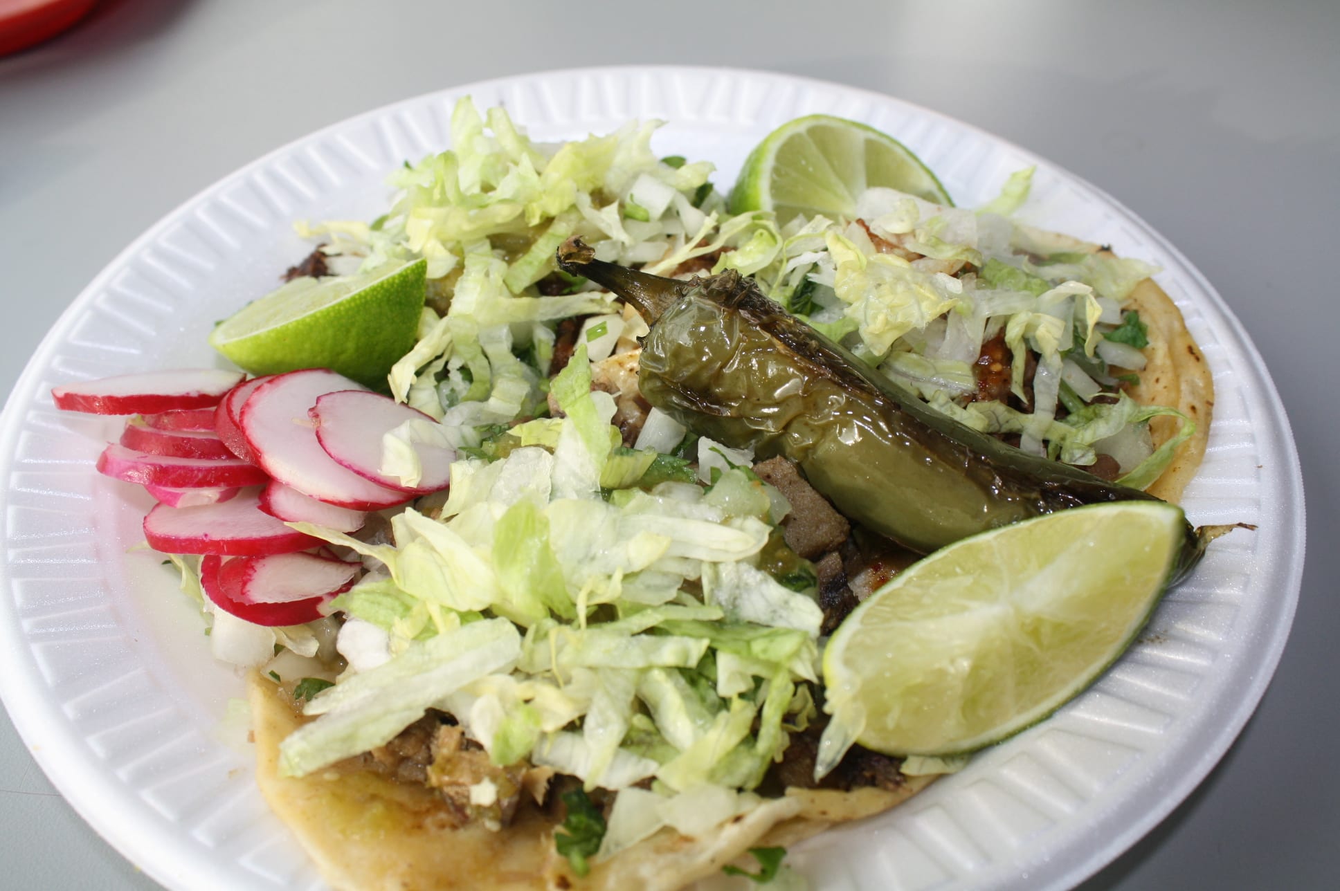 Tacos de lengua, asada y al pastor con los ingredientes y listos para comer (Foto de Agustín Durán/El Pasajero).