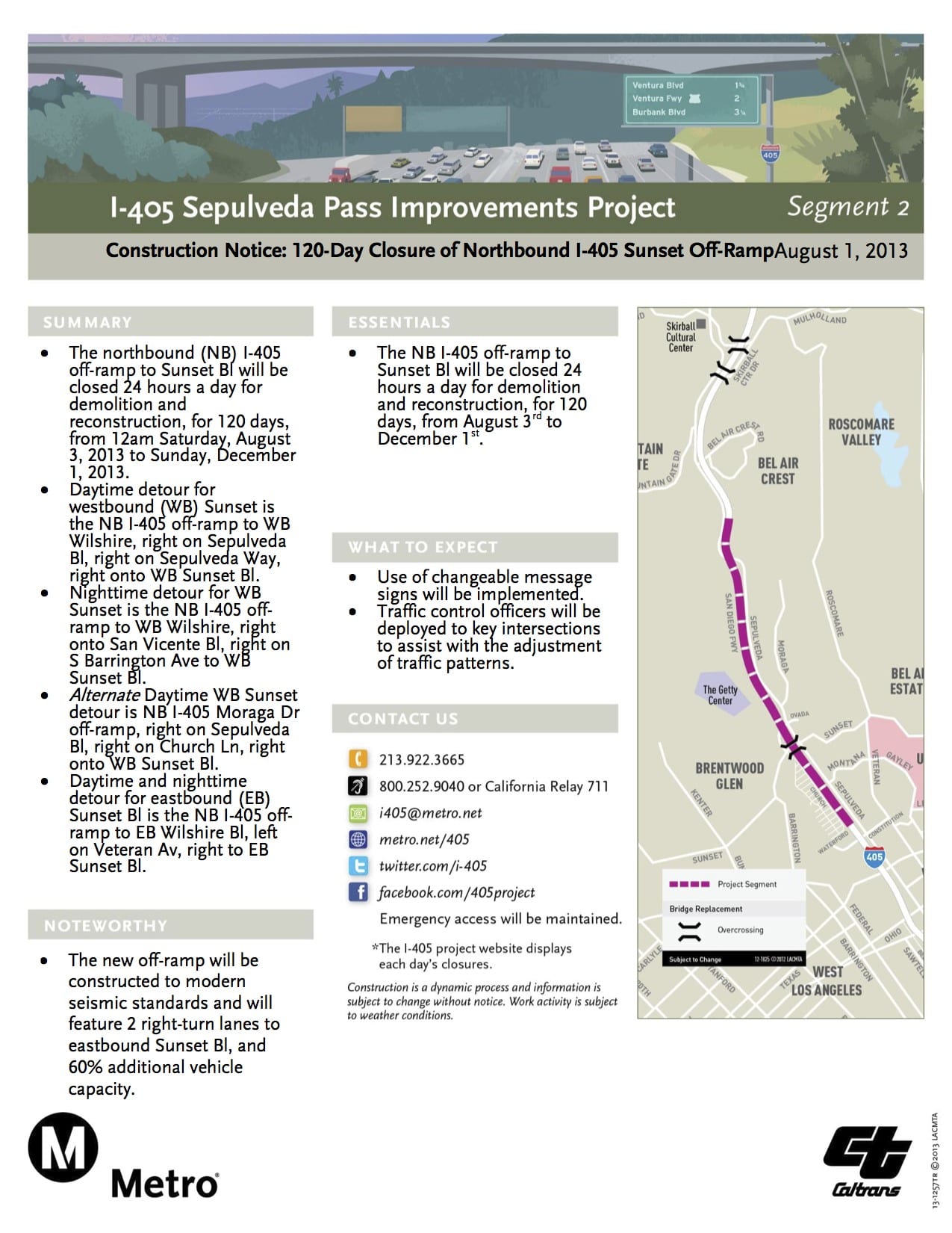 Página informativa sobre el cierre de 129 días de la rampa de salida al Sunset  Boulevard, desde los carriles al norte de la autopista I-405