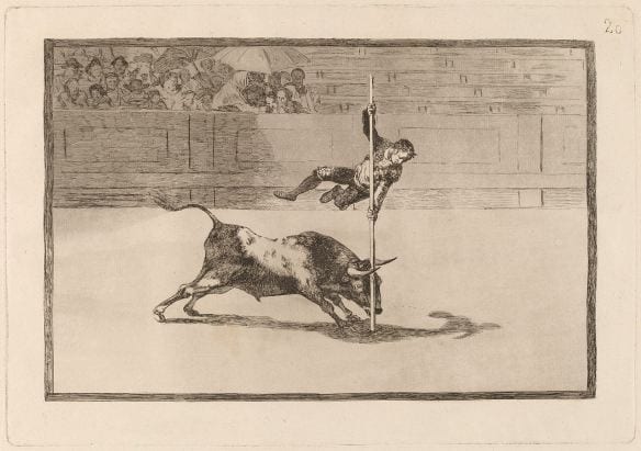 “La agilidad y audacia de Juanito Apinani en el Ruedo en Madrid” de Francisco Goya. Esta litografía es la número 20 de la serie Corrida de Toros. Esta extraordinaria litografía de Goya se expone en el Museo Norton Simon este fin de semana, el último. Visite el museo por la Línea Dorada de Metro 