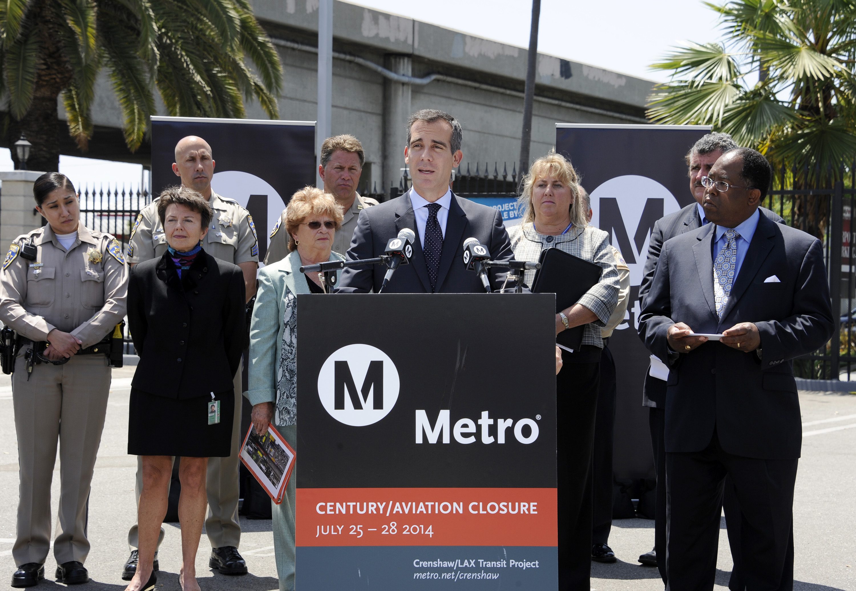 El alcalde Eric Garcetti durante la conferencia de hoy. Foto: Juan Ocampo/Metro.