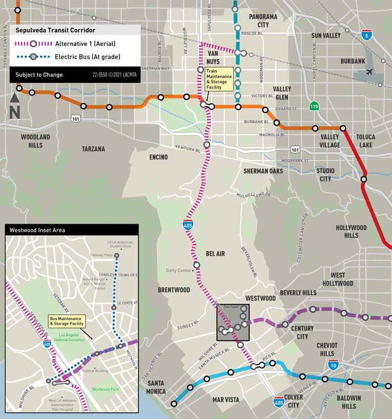 Alternativa 1: Monorriel automatizado que sería completamente aéreo a lo largo del corredor 405 y las vías del ferrocarril Metrolink Ventura County Line con un autobús de enlace eléctrico a UCLA.
